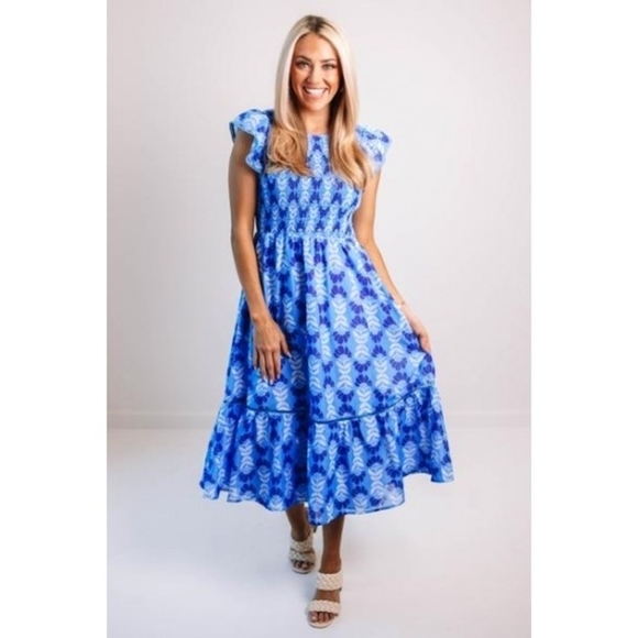 j. marie Dresses & Skirts - J. Marie Nwot The Luna Ruched Midi Floral Blue Dress Ruffle Sleeves Sz Medium